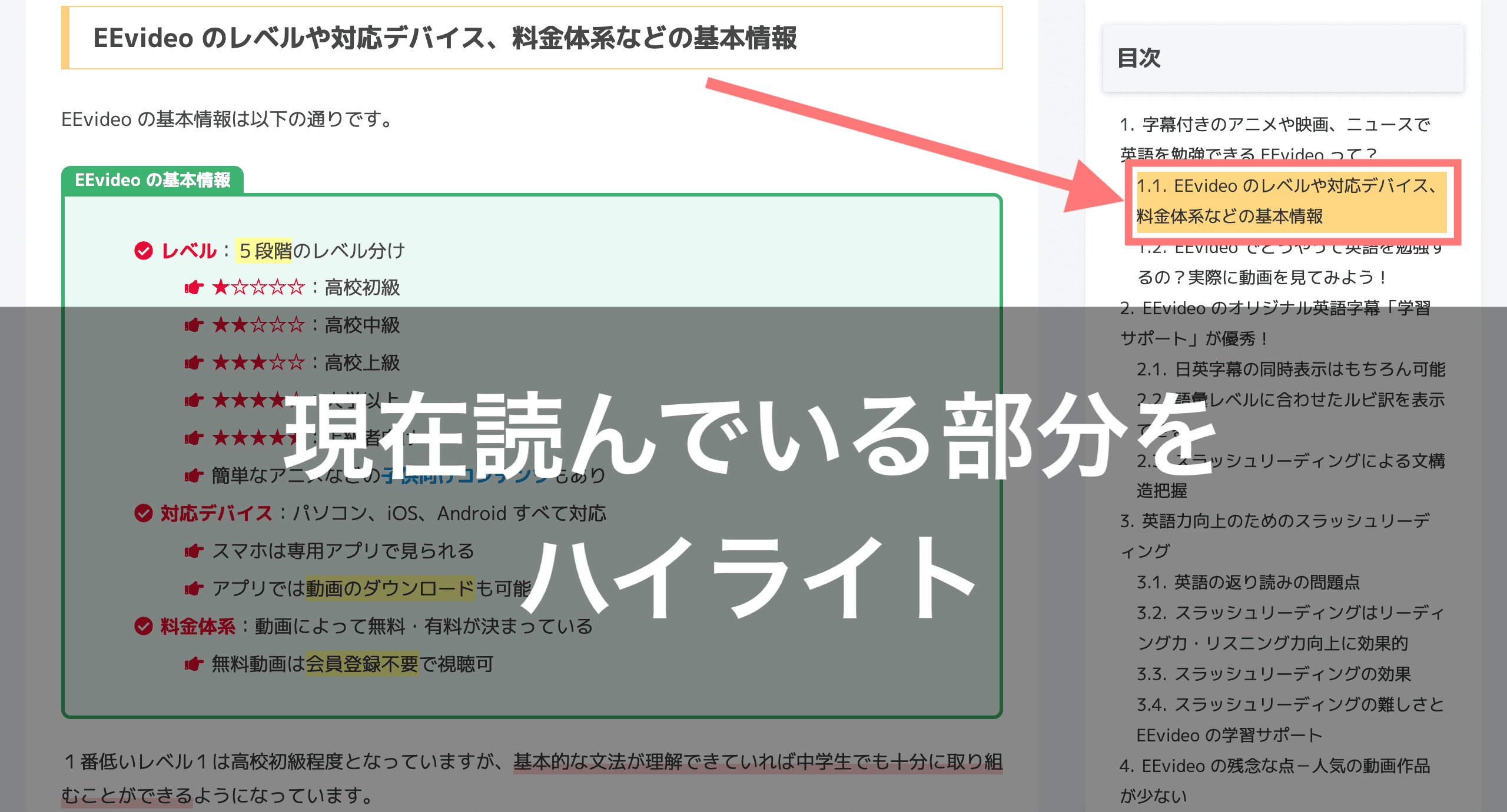 現在読んでいる部分をハイライト